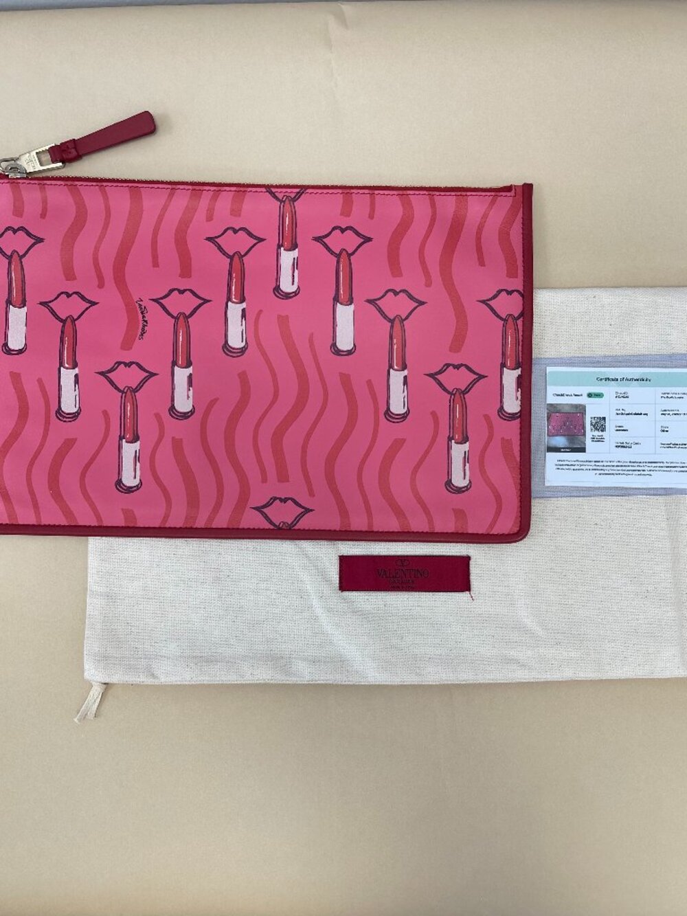 Valentino Garavani Pink Lipstick Print Leather Large Pouch - Preowned